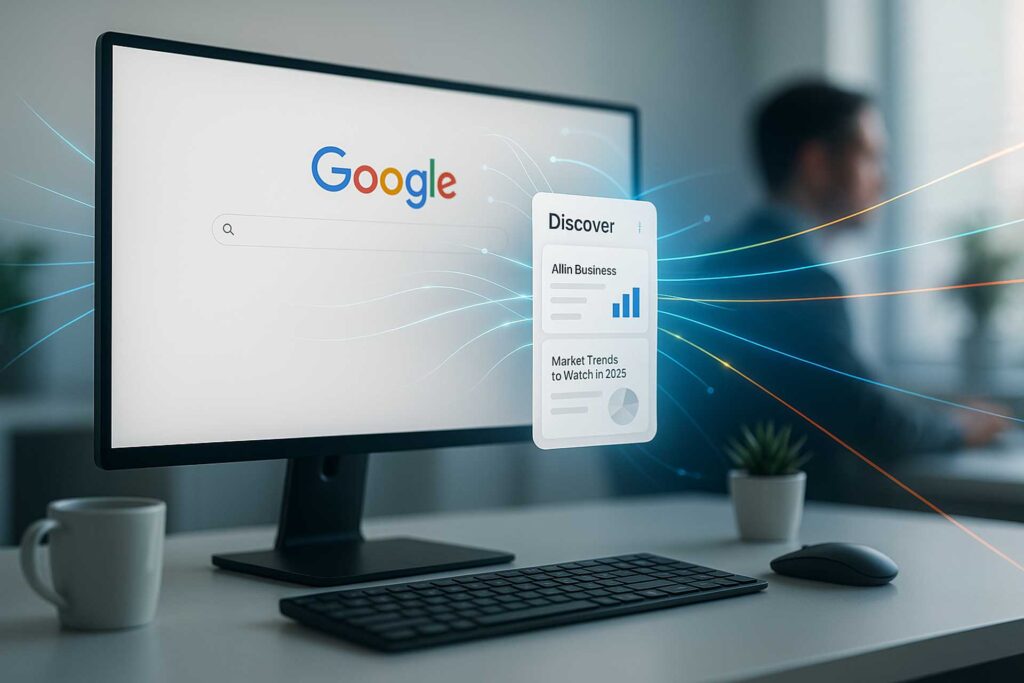 Монитор на десктоп компютър показва Google Discover feed с B2B съдържание.