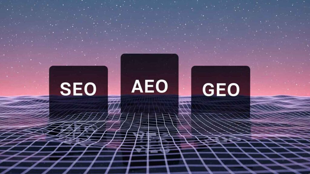 Футуристично изображение с неонови символи за SEO, AEO и GEO на космически фон