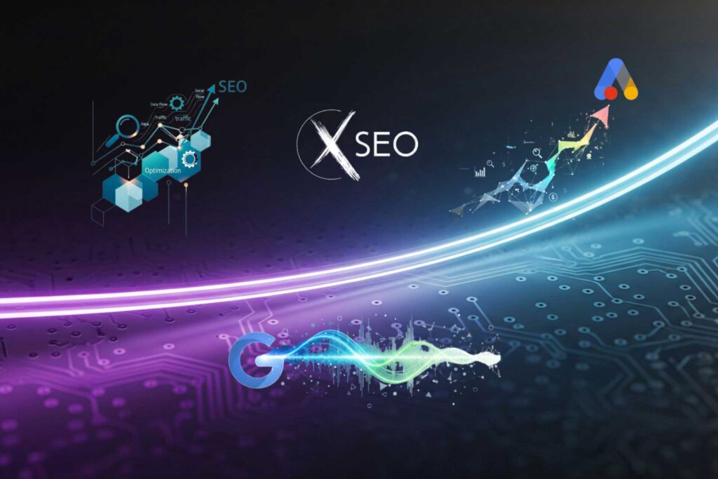 Абстрактно изображение, илюстриращо SEO и Google Ads. Включва логото на XSEO, както и елементи от Google Ads и Google Core Update.