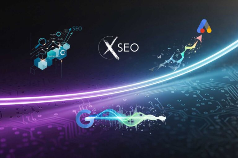 Абстрактно изображение, илюстриращо SEO и Google Ads. Включва логото на XSEO, както и елементи от Google Ads и Google Core Update.