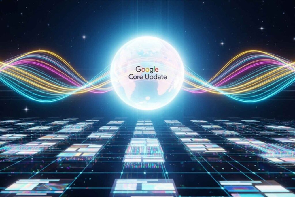 Футуристично изображение на светеща сфера с надпис "Google Core Update" в центъра, заобиколена от вълни от неонова светлина и мрежа от сайтове.