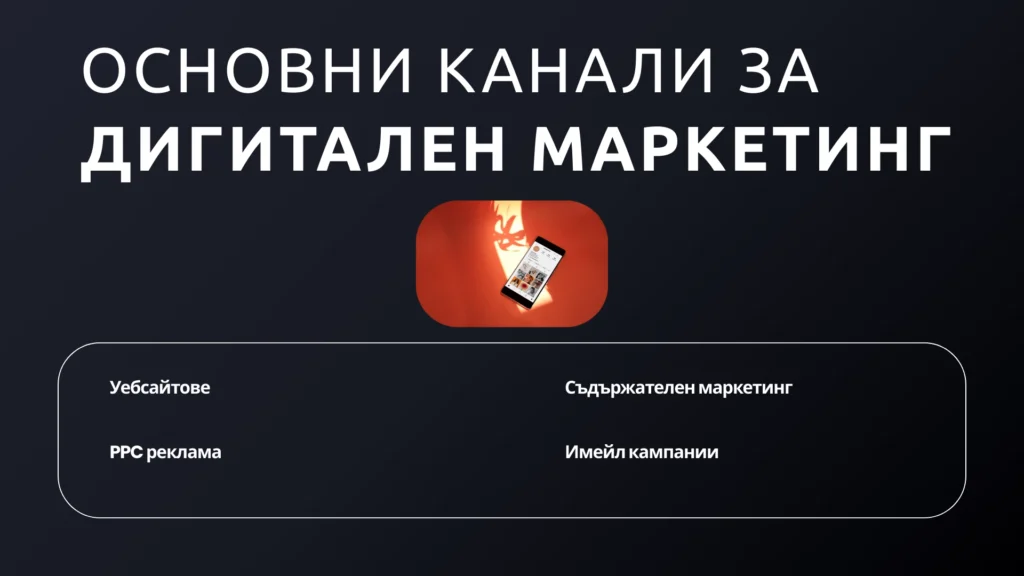 Какви са основните канали за дигитален маркетинг?
Най-популярните днес включват:
Уебсайтове
PPC реклама
Съдържателен маркетингИмейл кампании
Социални медии
Афилиейт партньорства
Видео маркетинг
SMS кампании