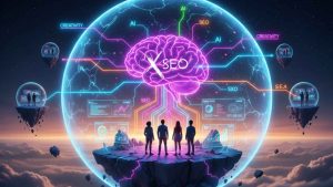 Изображение, представящо ехо камери и филтърни балони в SEO. Група хора стоят пред прозрачен купол с неонови линии, символизиращ AI, SXO и E-E-A-T, излизащи извън ограниченията.