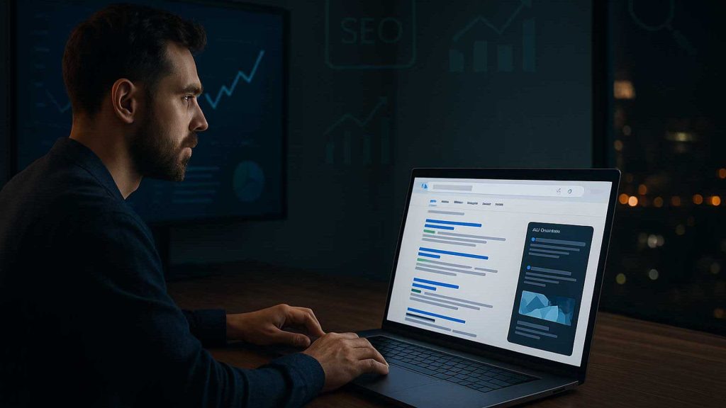 SEO експерт планира дългосрочна стратегия през 2025 г. на работното си място.