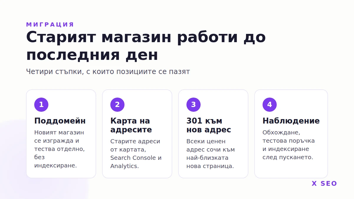 Миграция: тестов поддомейн, карта на старите и новите адреси, 301 пренасочвания и наблюдение след пускането