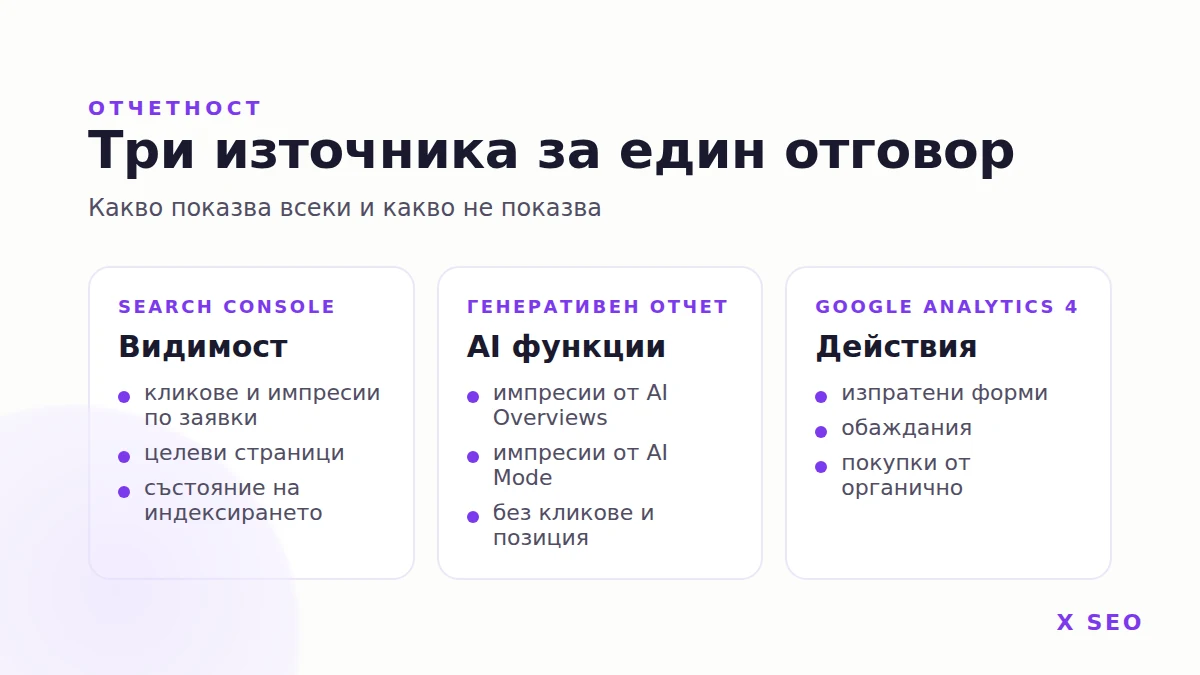 Три източника за измерване на SEO резултат: Search Console, Google Analytics 4 и отчетът за генеративния AI