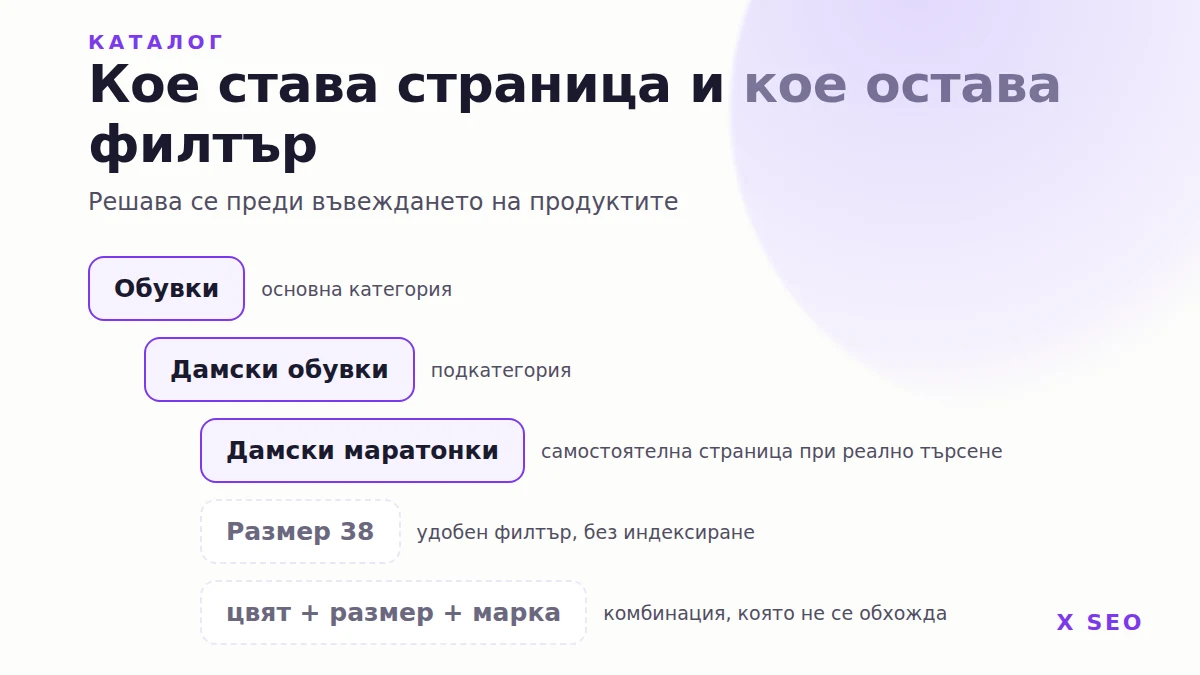 Дърво на каталога: основна категория, подкатегории, самостоятелни страници при реално търсене и филтри без индексиране