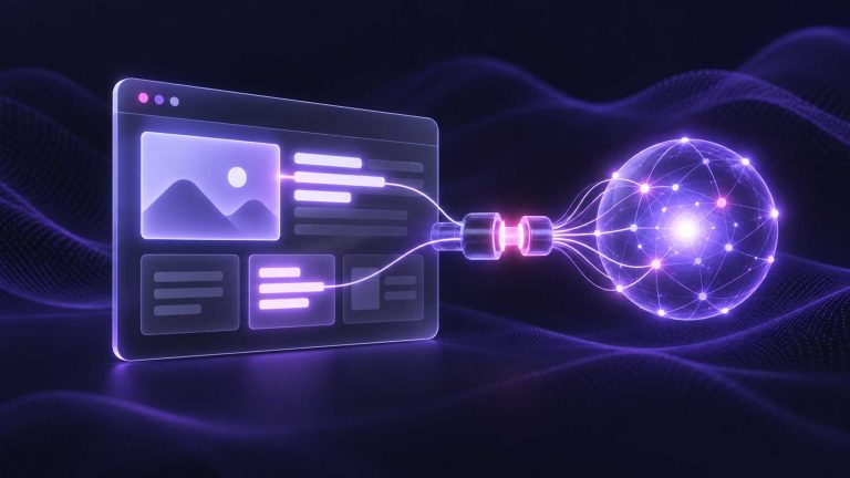 Абстрактна илюстрация на уеб сайт, свързан с AI агент чрез контролиран достъп до отделни функции